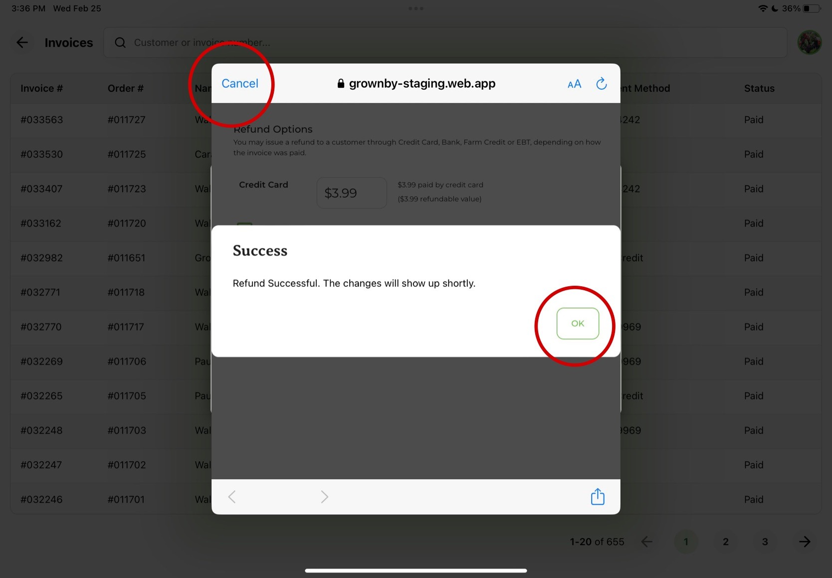 Success message after confirming the refund