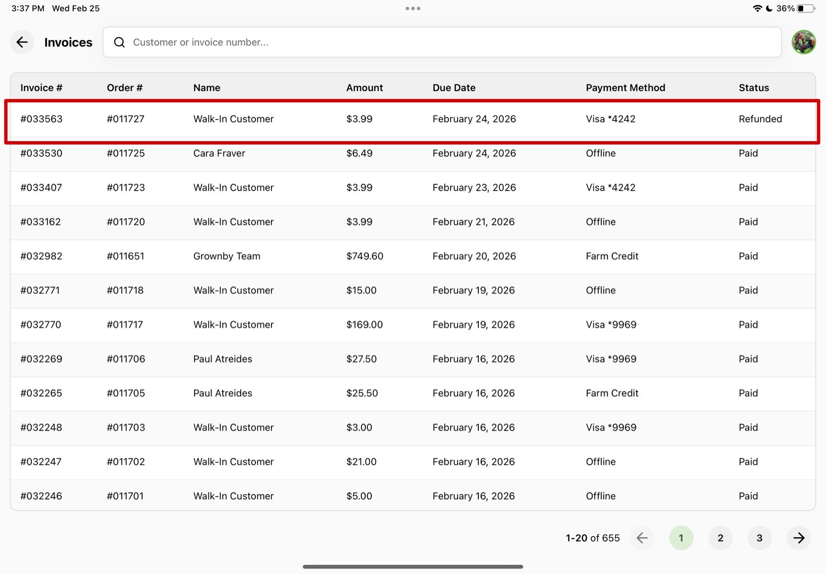 Invoices page showing the order status updated to Refunded
