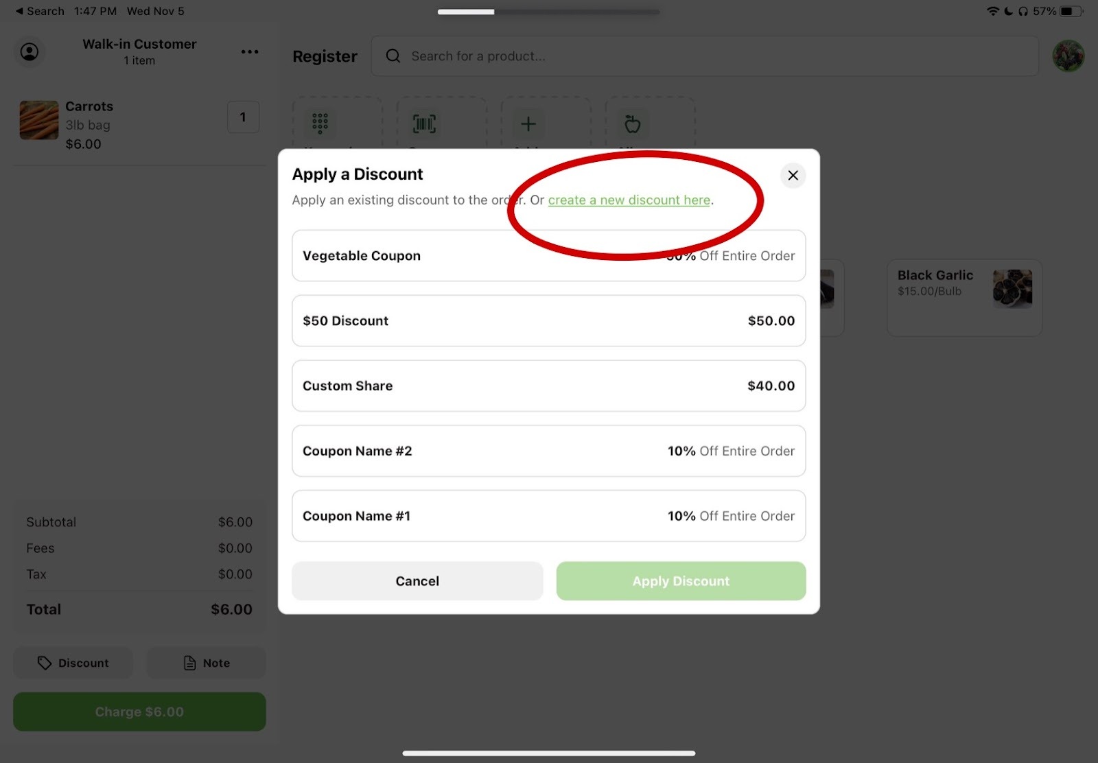 Discount menu opened from the customer cart on Register