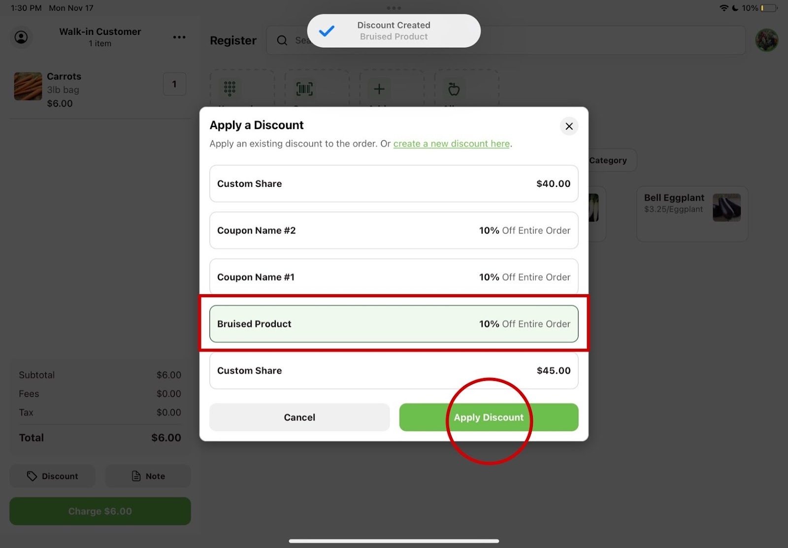 Discount list with the newly created discount selected and the Apply Discount button highlighted