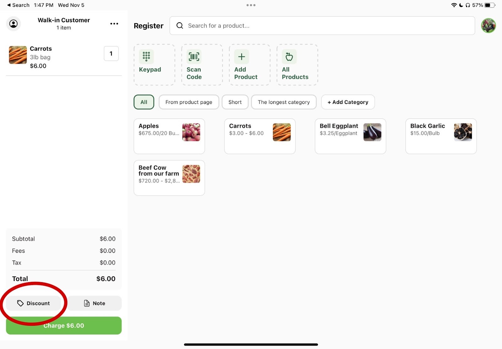 Register cart view with the Discount button highlighted above the Charge button