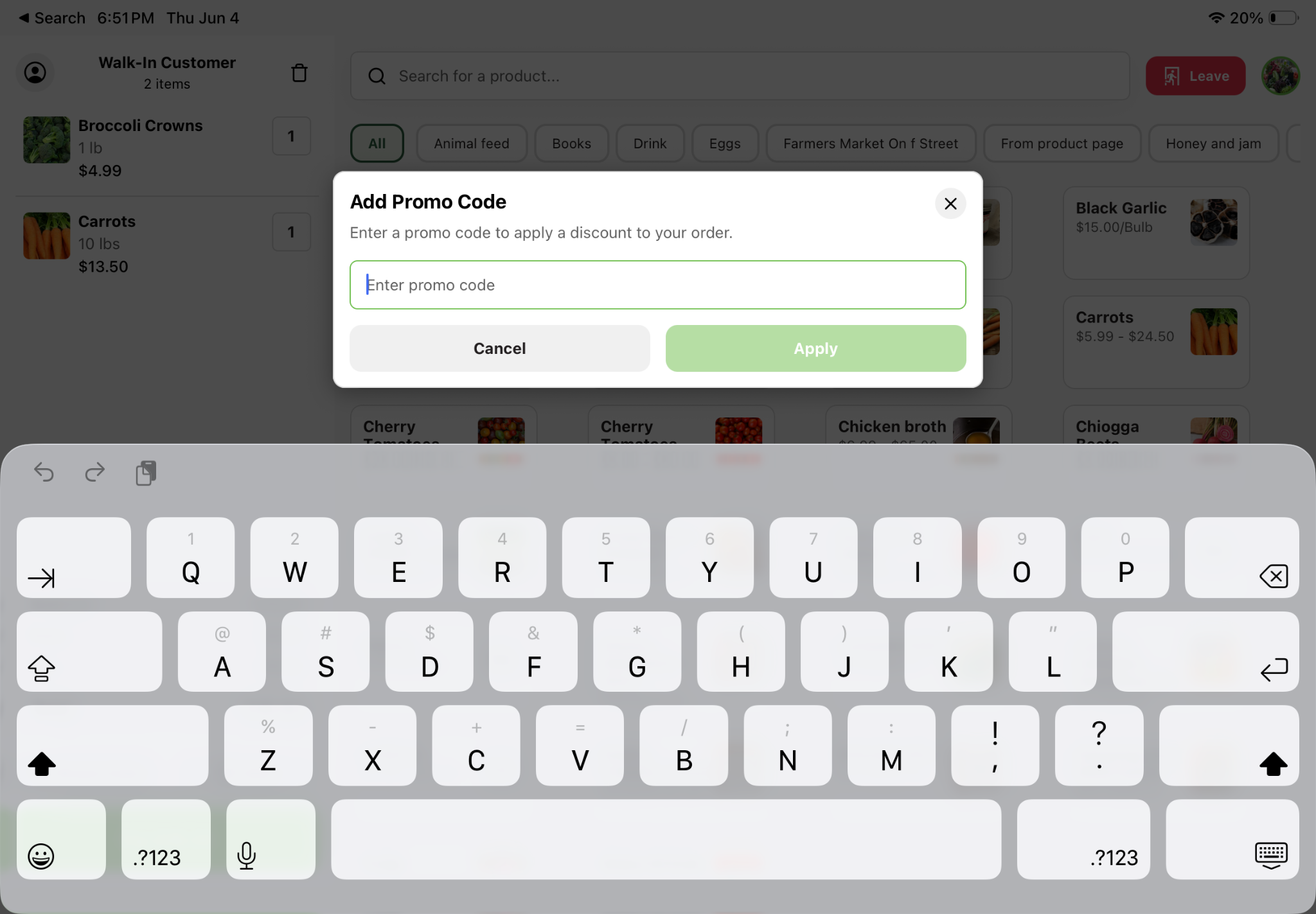 Self-Checkout cart screen with items listed on the left and the Add Promo Code modal open, prompting the customer to enter a promo code to apply a discount