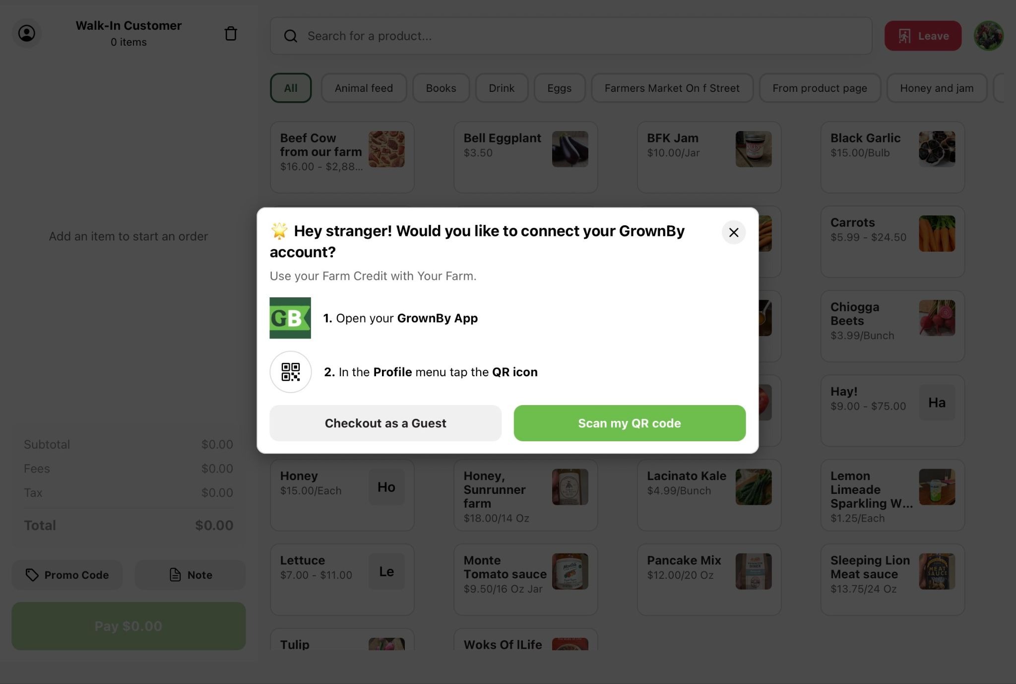 Self-Checkout prompt asking the customer whether they would like to connect their GrownBy account, with Scan my QR code and Checkout as a Guest options