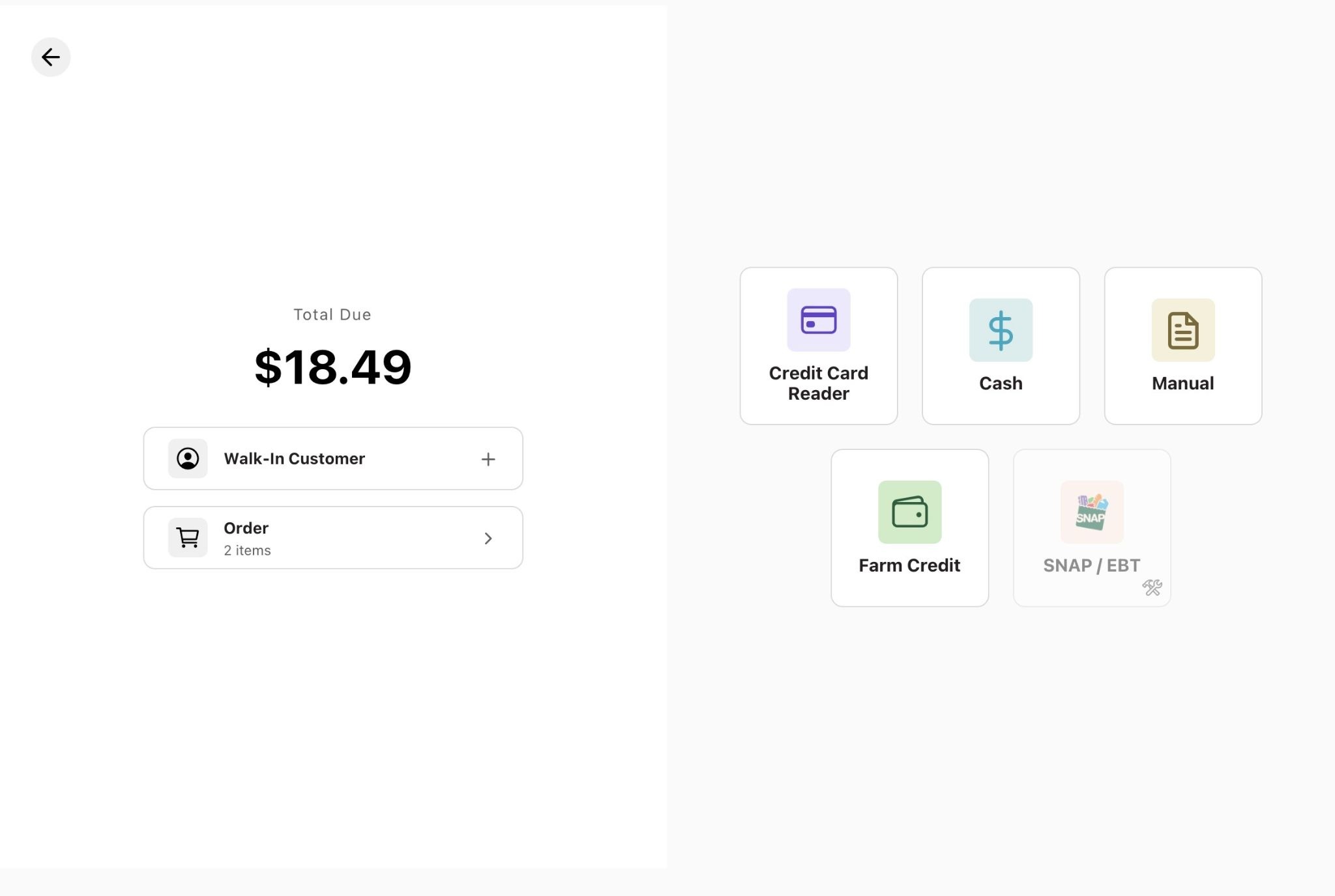 Self-Checkout payment screen showing the Total Due of $18.49 with payment method options: Credit Card Reader, Cash, Manual, Farm Credit, and a disabled SNAP / EBT button