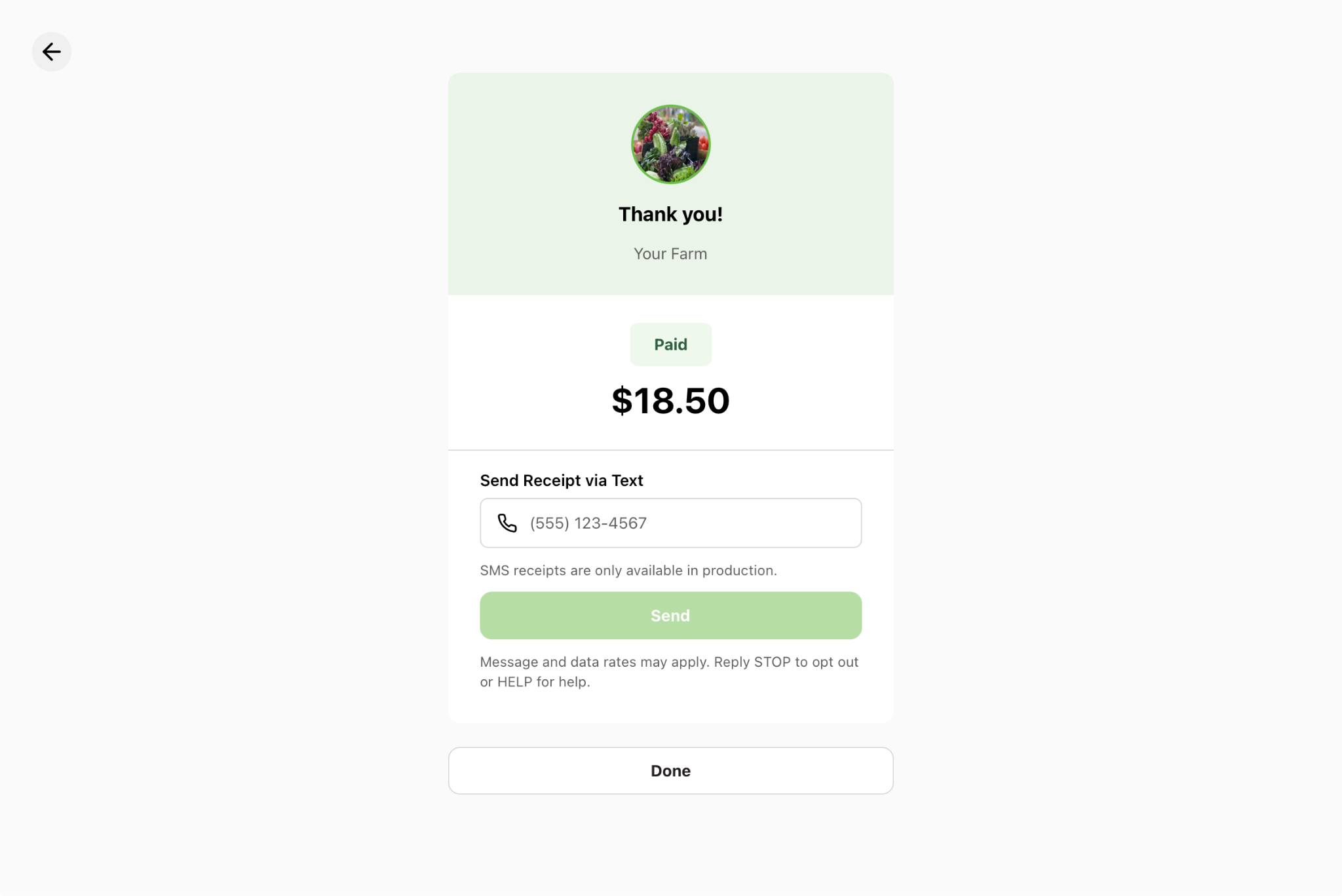Self-Checkout thank-you screen showing a Paid badge, an order total of $18.50, a Send Receipt via Text field with a phone number entry and Send button, and a Done button