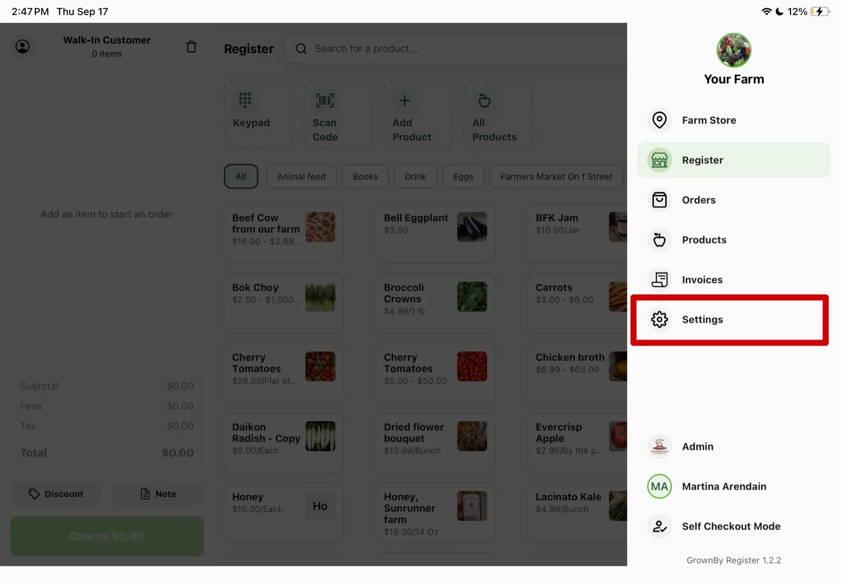 Register navigation menu open with the Settings option highlighted