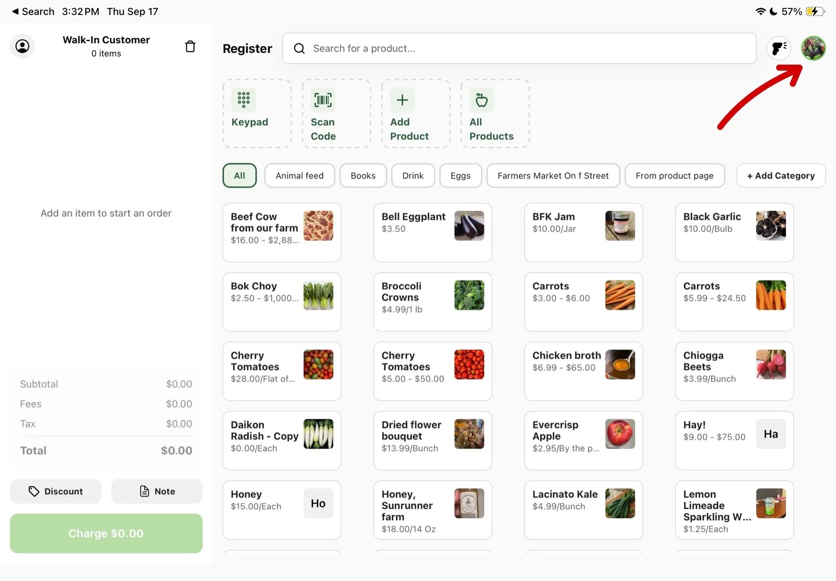 Register home screen with a red arrow pointing to the farm logo in the top right corner