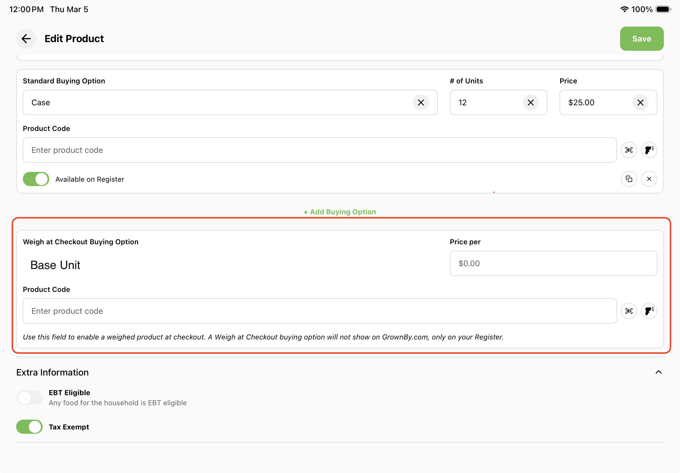 Weight at Checkout buying option in the product creation screen