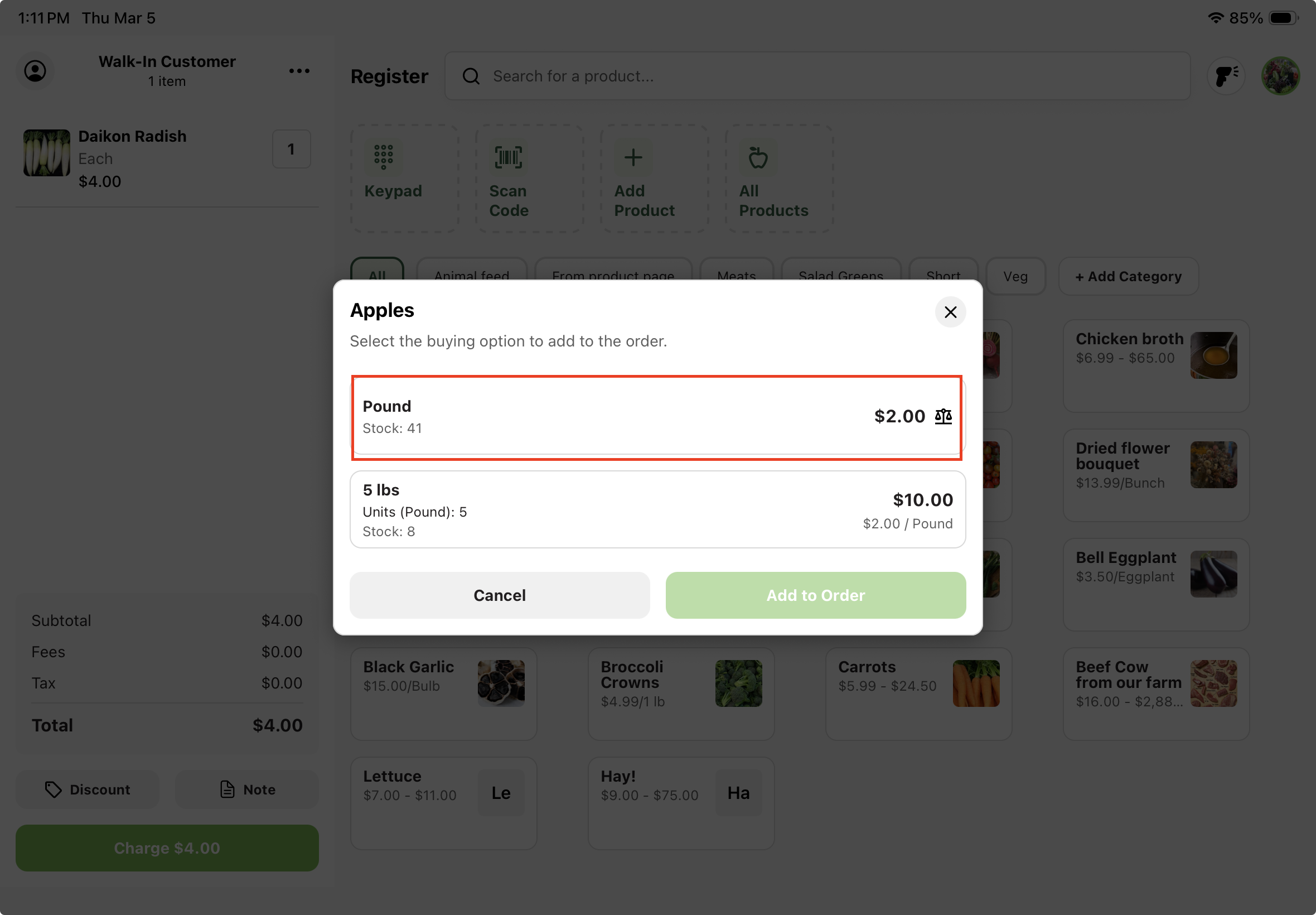 Selecting a weighed product on the Register checkout screen