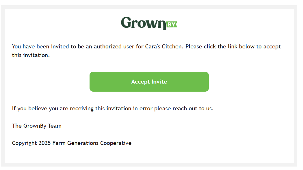 Email invitation with a button to accept the authorized user invite