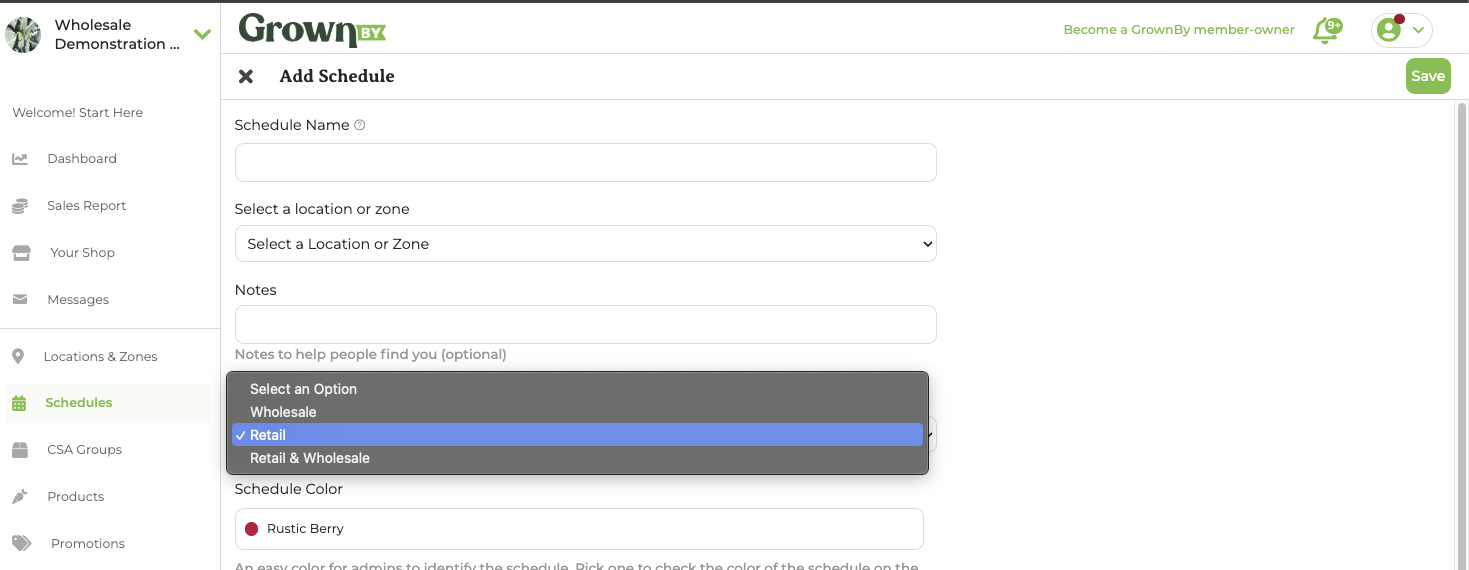 Schedule edit screen showing the option to designate a schedule for retail, wholesale, or both