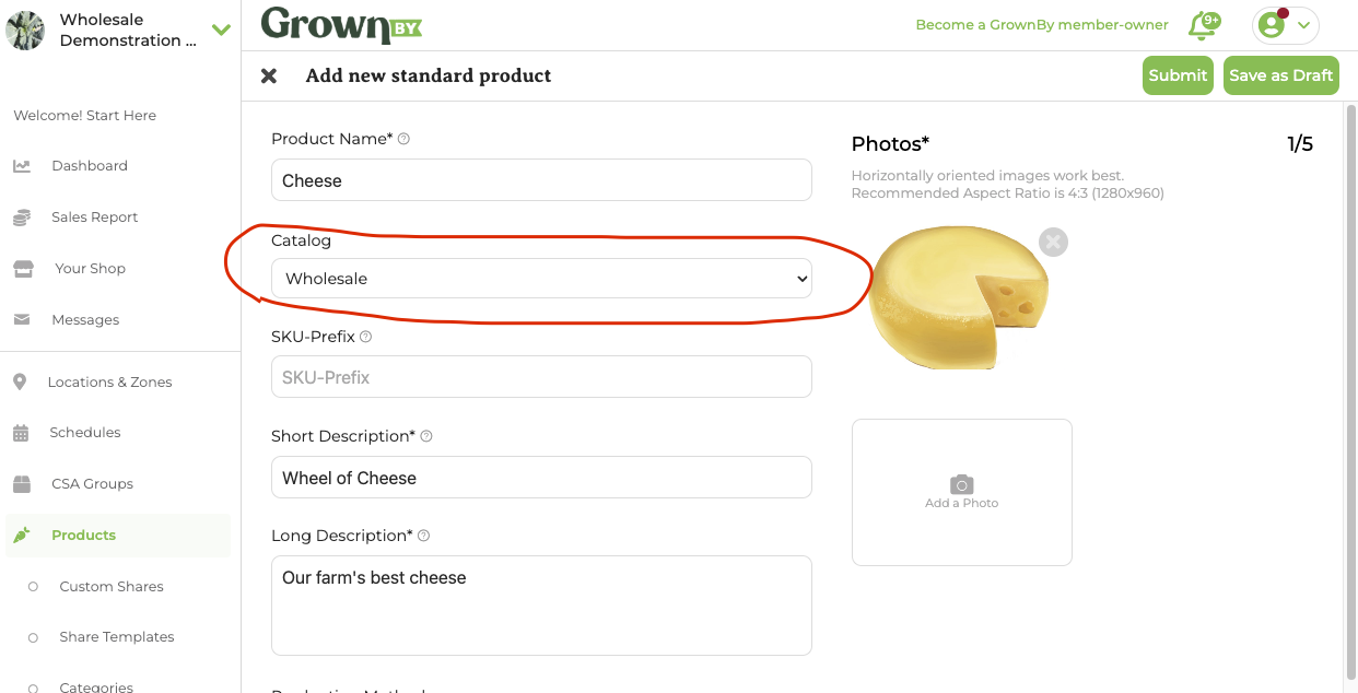 Product creation screen showing the catalog selector with Wholesale and Retail & Wholesale options