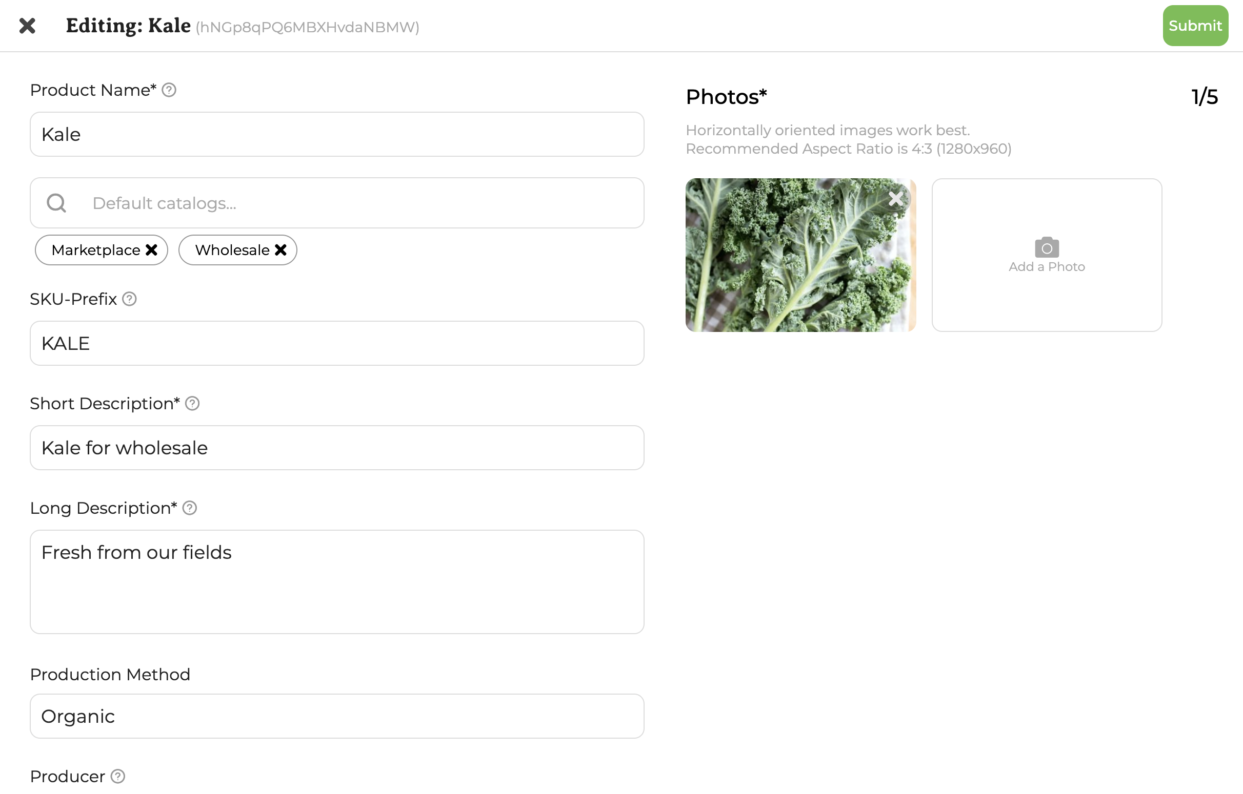 Product creation screen showing the catalog multi-select field with Marketplace and Wholesale chips selected