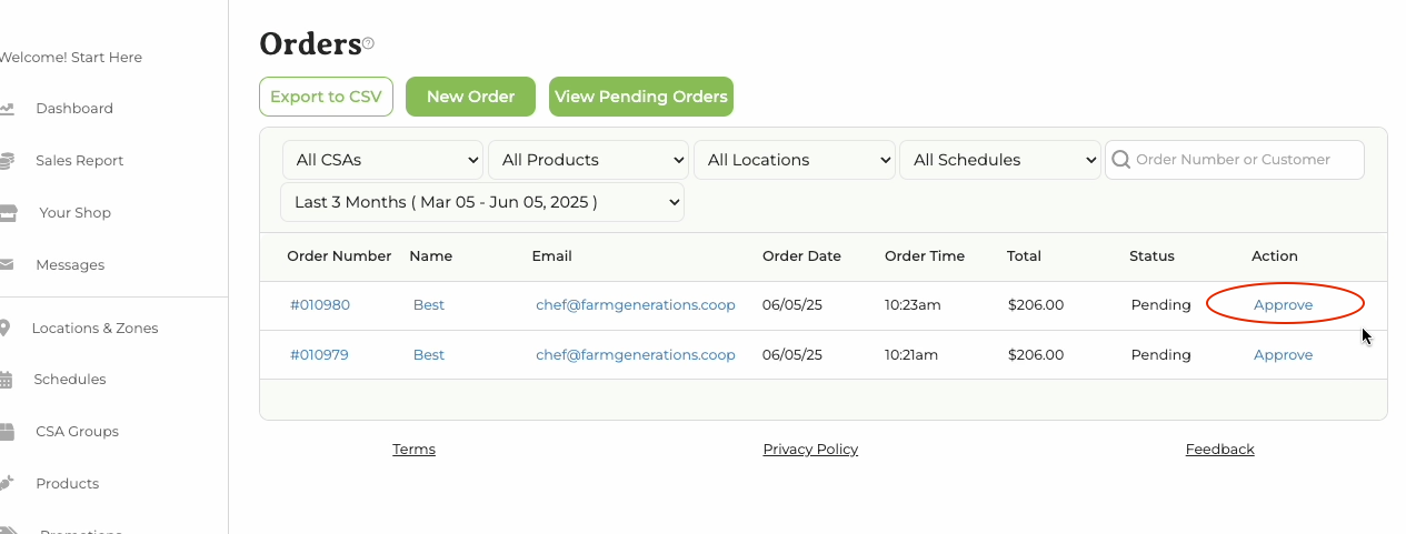 List of wholesale orders showing order statuses on the Farmer Dashboard