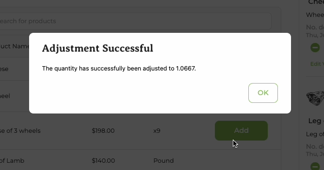 Variable weight adjustment showing updated quantity and total