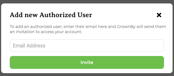 Invite Authorized User pop-up with email field