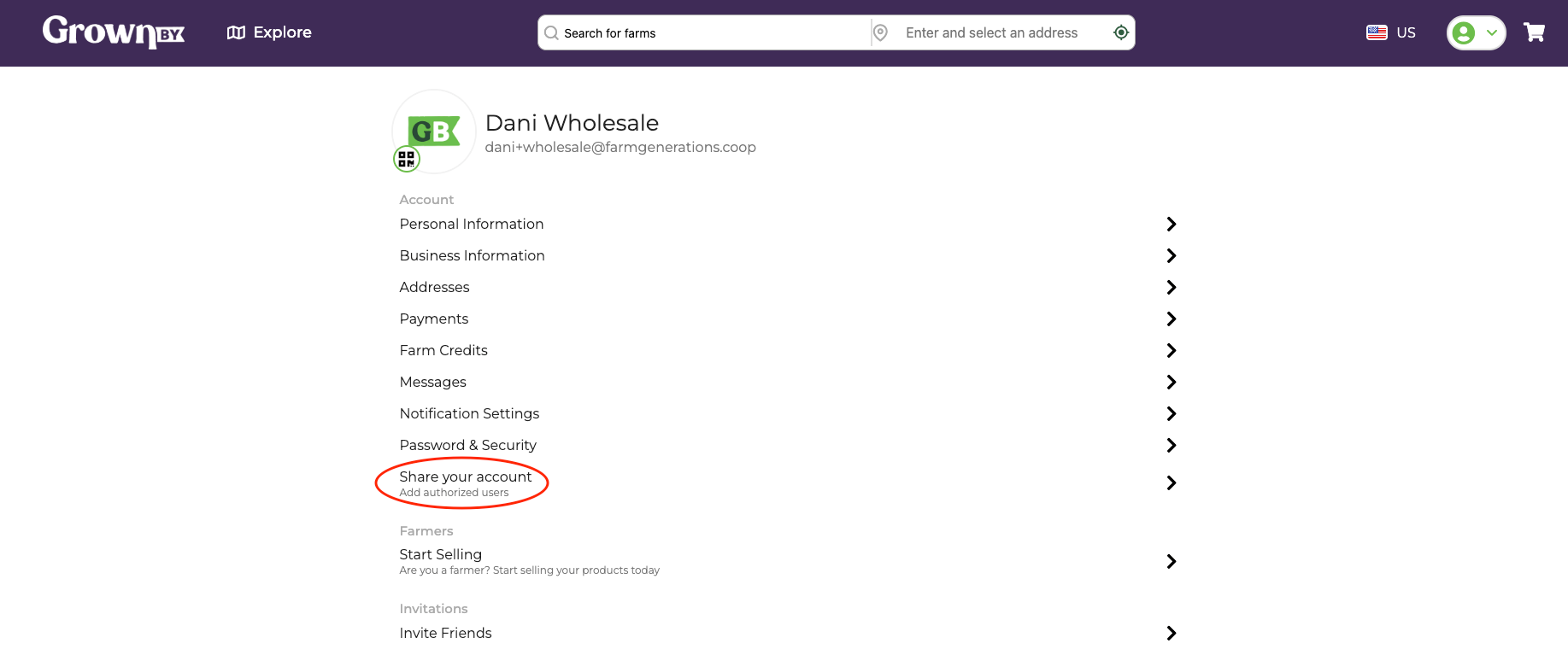 Account page showing the Share your account option