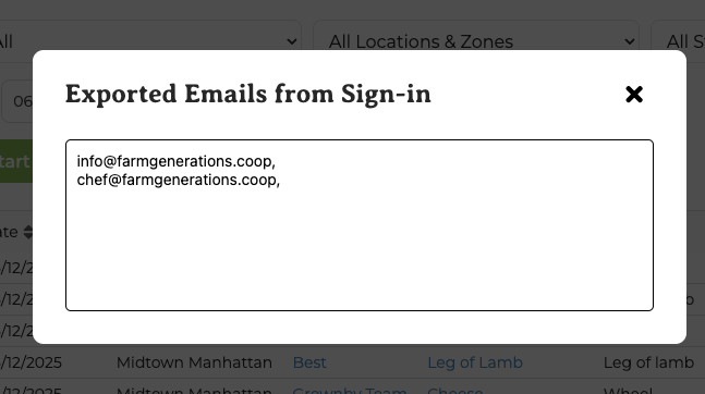 Generate emails dialog listing customer email addresses