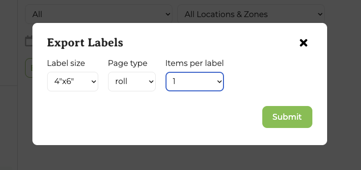 Label export dialog showing items per label setting
