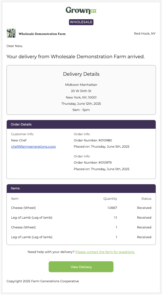 Customer email notification confirming wholesale order received