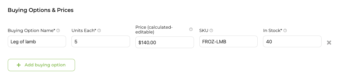 Buying options for a Leg of Lamb configured at approximately 5 lbs with 40 in stock