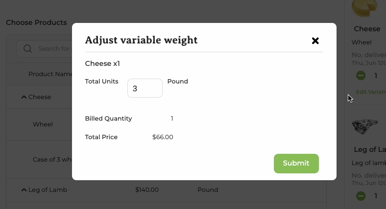 Updated order total reflecting the adjusted weight