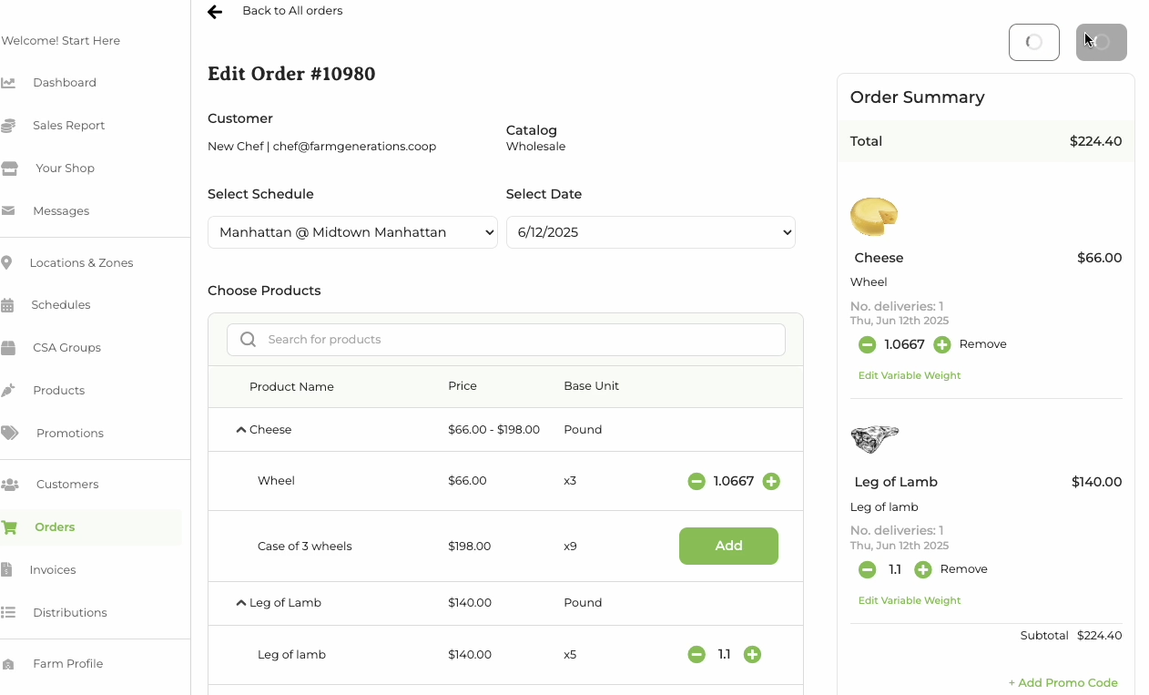 Order summary showing the final adjusted quantity and total